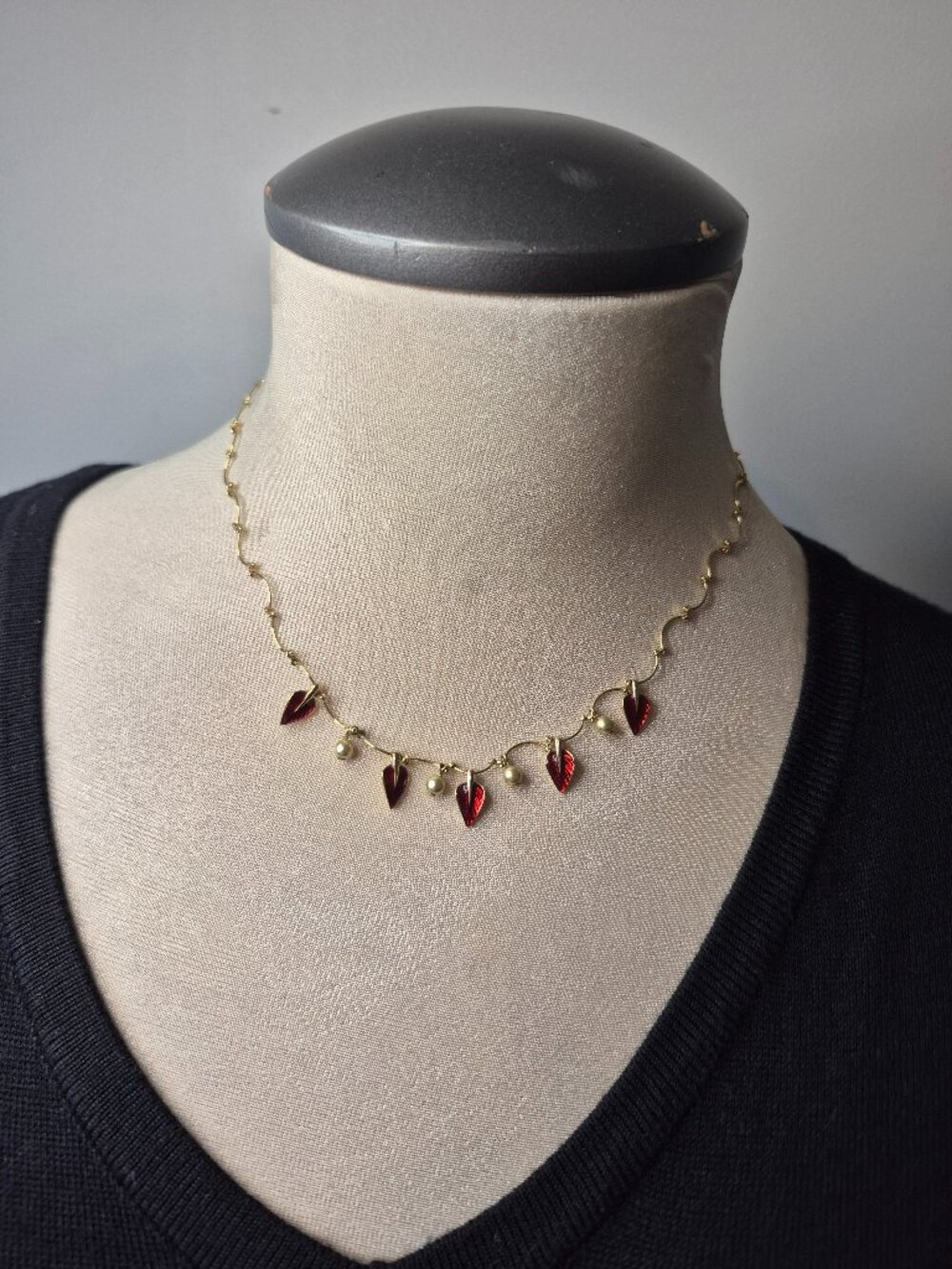 Vintage Goldtone Necklace with Red Enamel Leaves and Pearls